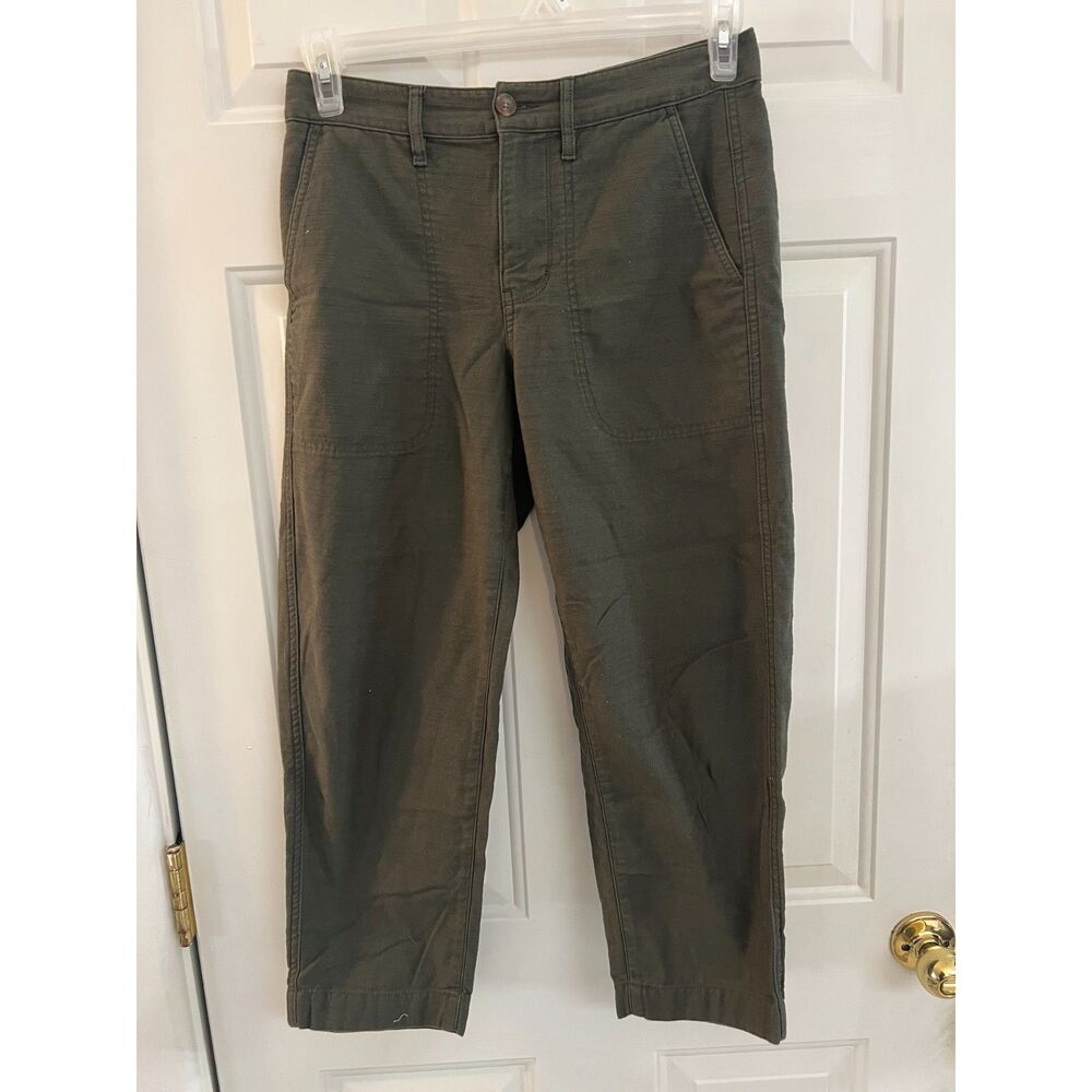 J Crew 4P Womens Trousers Dark Olive Green Pockets Cropped 29x24 100% Cotton